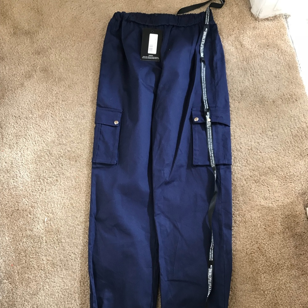 PLT blue jogger pants with PLT strap